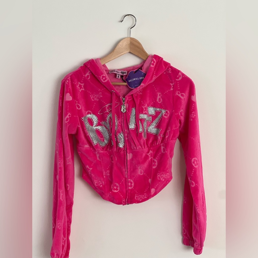Dolls Kill x Bratz hot pink, cropped velour zip. Size M.